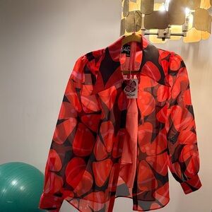 Lesley Evers Chic Red Floral Sheer Blouse